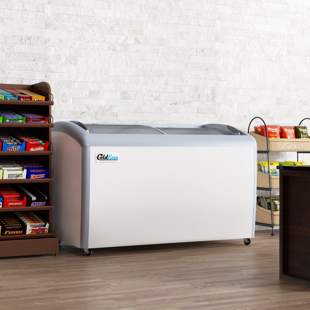 Coldline XS360 curved glass top ice cream display freezer, in a convenience store