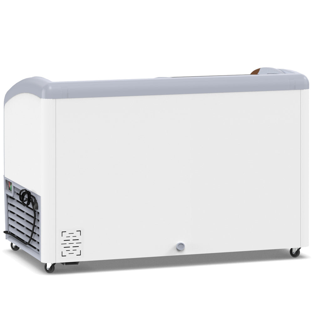 Coldline XS360 curved glass top ice cream display freezer, rear angle view with compressor grille