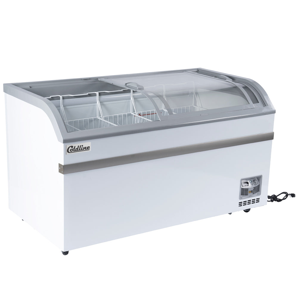 Coldline XS500YX curved glass top ice cream display freezer, angled front view, white background