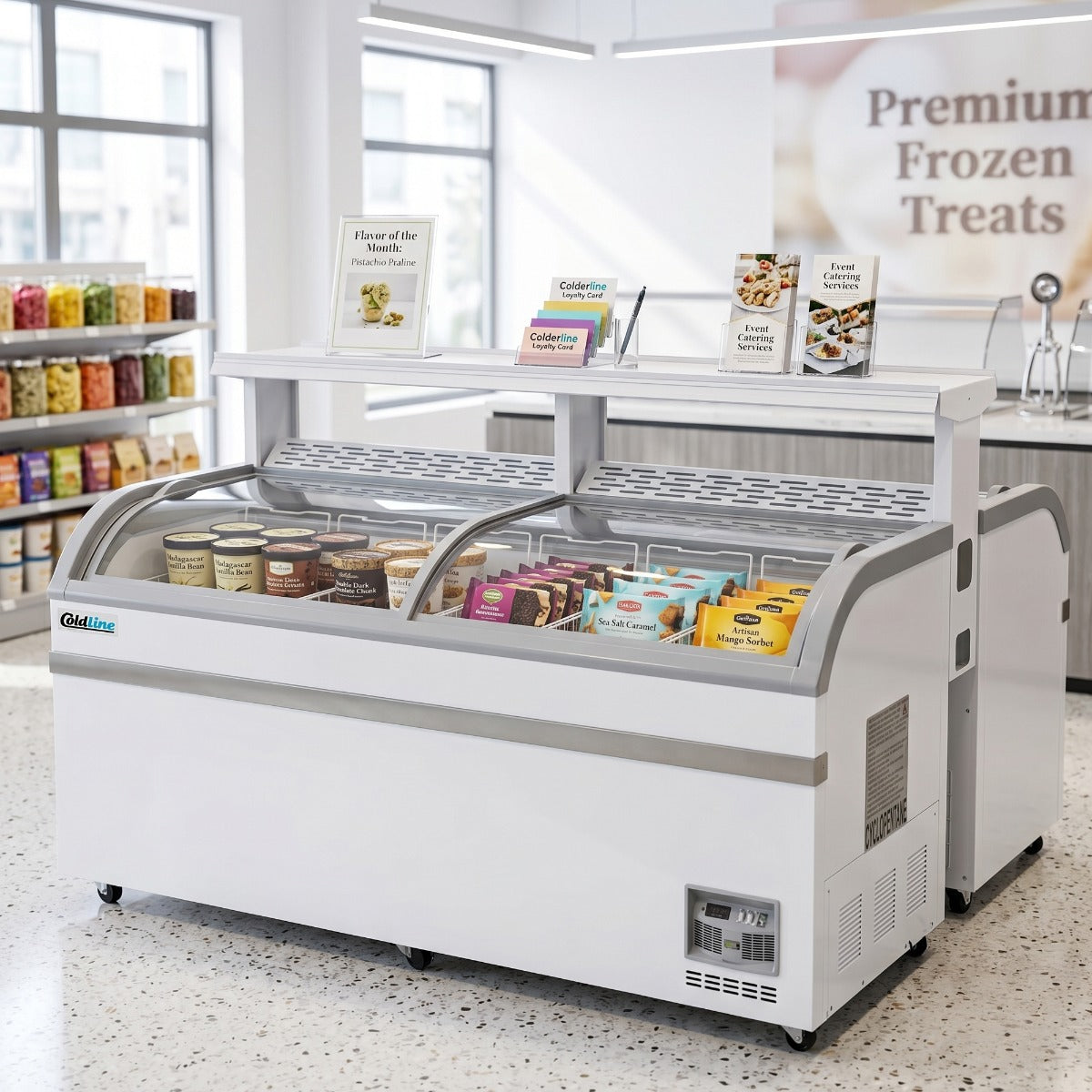 Coldline XS700YX-DBL Double 79" Curved Glass Top Display Ice Cream Freezer with LED Lighting and Promotion Shelf