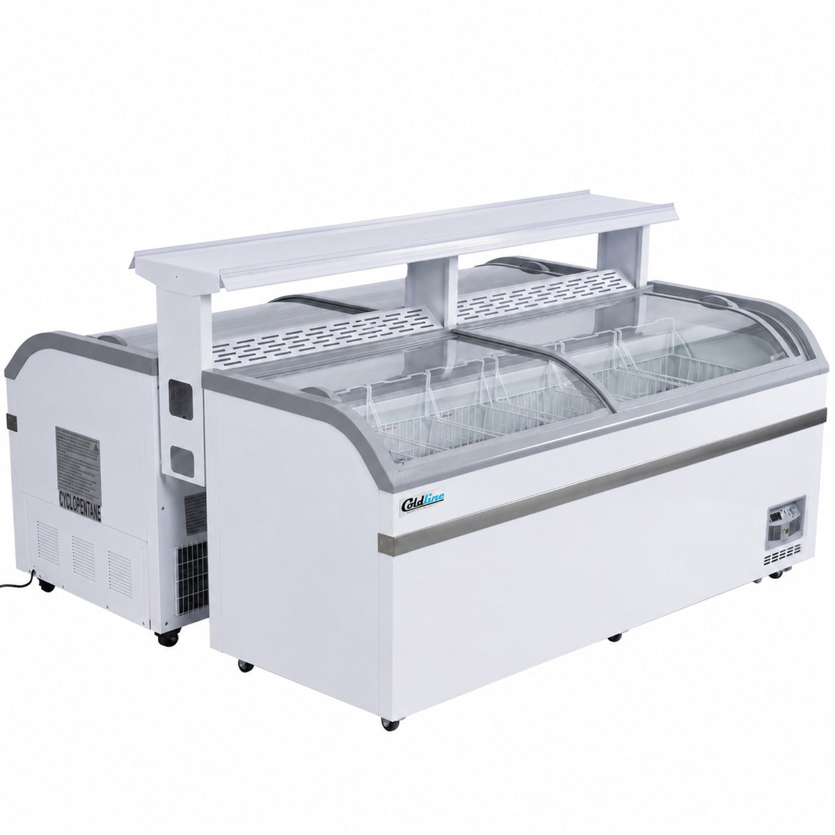 Coldline XS700YX curved glass top ice cream display freezer, two units placed back to back with a top display shelf