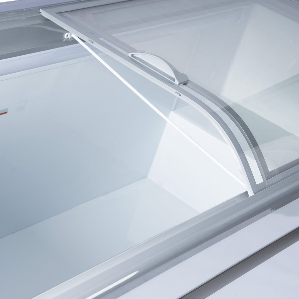 Coldline XS700YX curved glass top ice cream display freezer, curved sliding glass lid, close-up