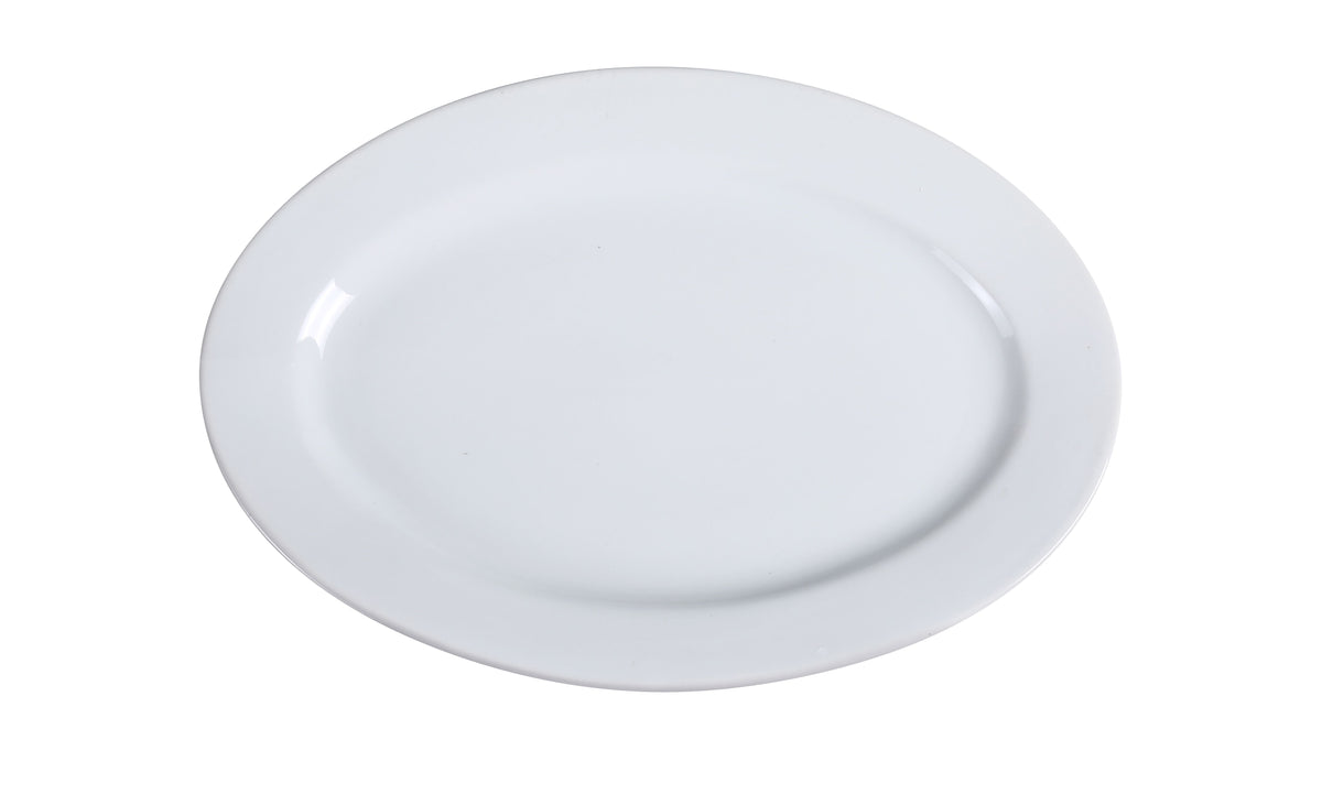 Yanco AC-81 China Platter - 18" L x 13" W Oval Porcelain, White, Rolled Edge, Dishwasher Safe - Case of 6