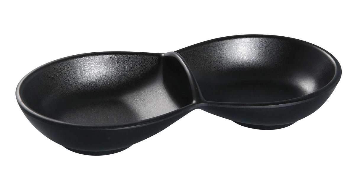 Yanco BP-4032 Black Melamine Sauce Bowl, 6 Oz, 8-1/2" x 3-1/2" 2-Compartment Asian Matte - Case of 48