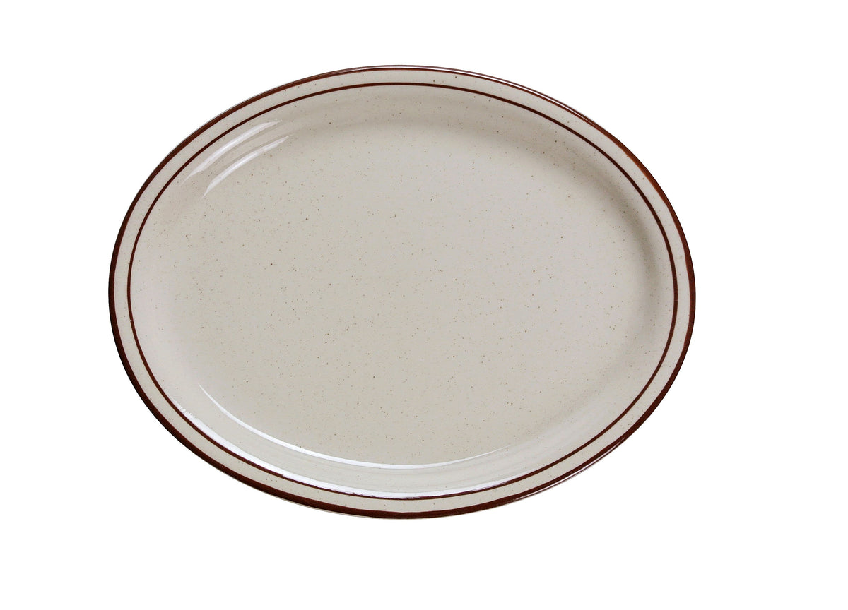 Yanco BR-13 Oval Ceramic Platter, Brown Speckled, Rim, 11-1/2" L x 9-1/2" W, Dishwasher Safe - Case of 12