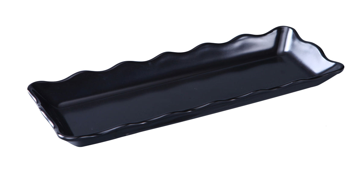 Yanco DC-6013B Serving Tray - 13-1/2" x 5-1/4" x 1" Rectangular Scalloped Edge Melamine Black - Case of 12