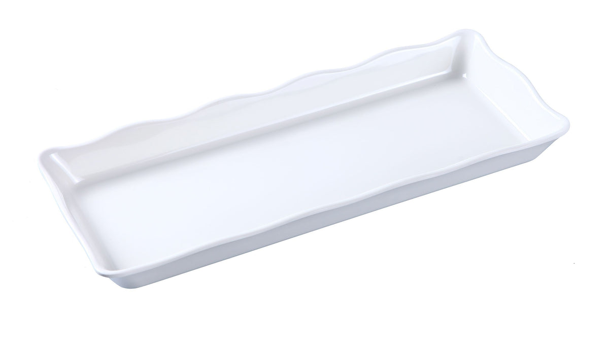 Yanco DC-6014W Serving Tray - White Melamine Rectangular Tray 14" x 5-1/4" x 1", Scalloped Edge - Case of 6