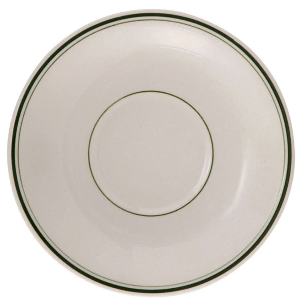 Yanco GB-2 Green Band Ceramic Saucer, 6-1/8" Round, Dishwasher/Oven/Microwave Safe, White - Case of 36