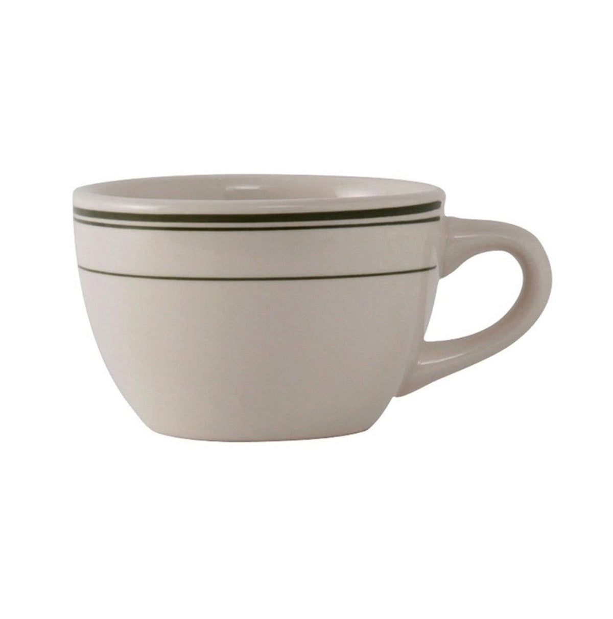 Yanco GB-37 Green Band Ceramic Cup, 8-9 Oz, 3-1/2" Dia x 2⅜" H, White, Microwave Safe - Case of 36