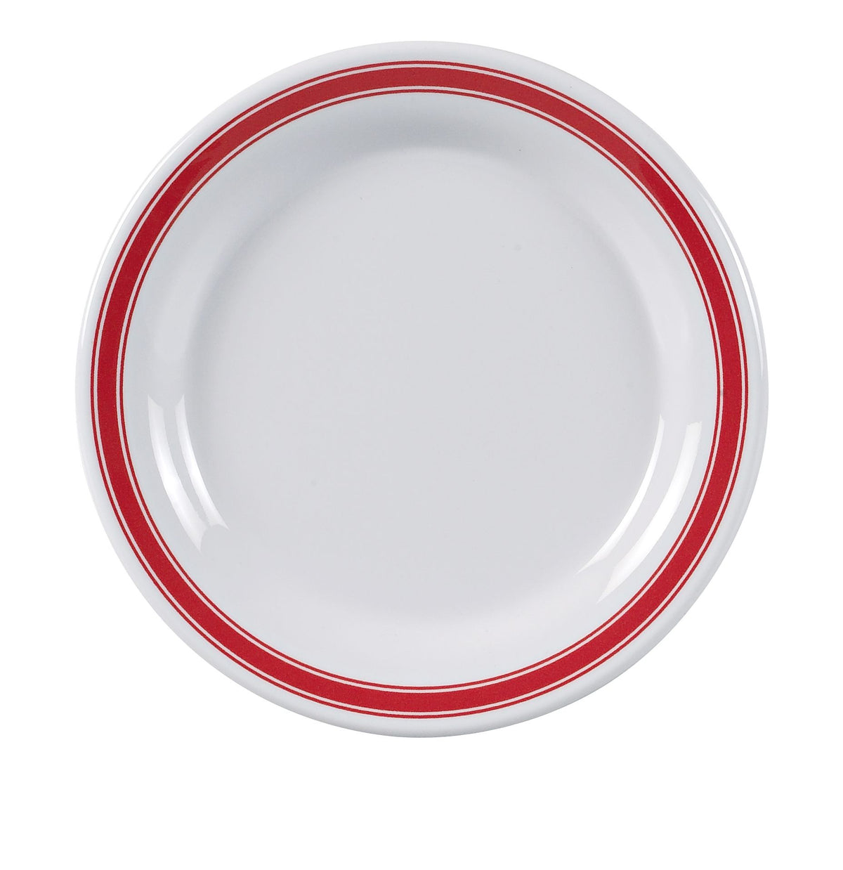 Yanco HS-107 - 7.25" Round Melamine Plate, White with Red Band, Heavy, Dishwasher Safe - Case of 48