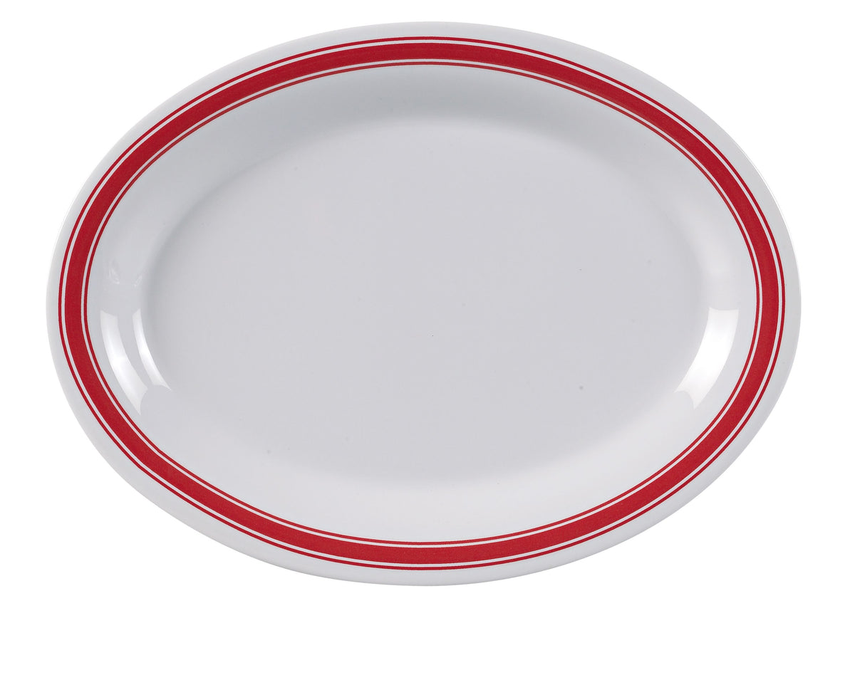 Yanco HS-209 - 9-1/2" L x 7-1/4" W Oval Melamine Platter, White Red Band, Dishwasher Safe - Case of 24