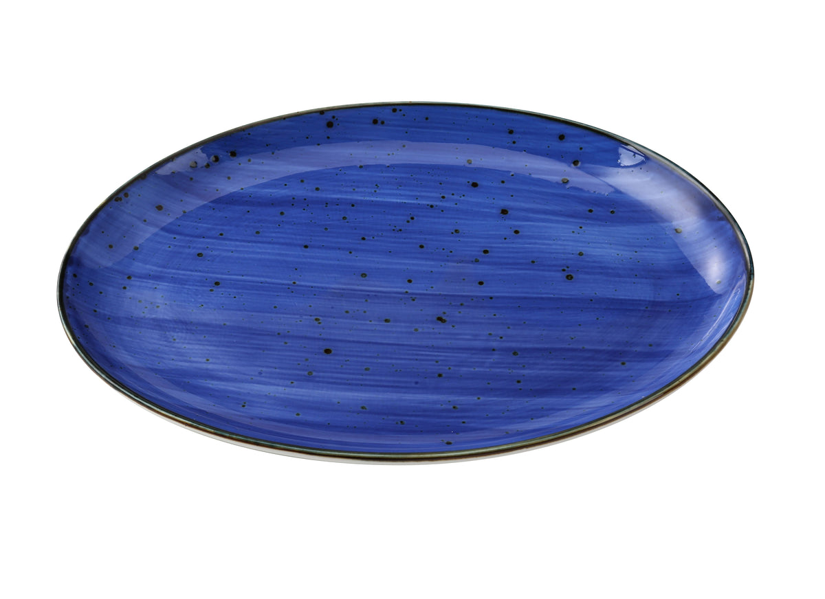 Yanco LY-2108BU Oval Porcelain Platter, 8" x 5-1/2" x 3/4", Blue Rim, Microwave Safe - Case of 36