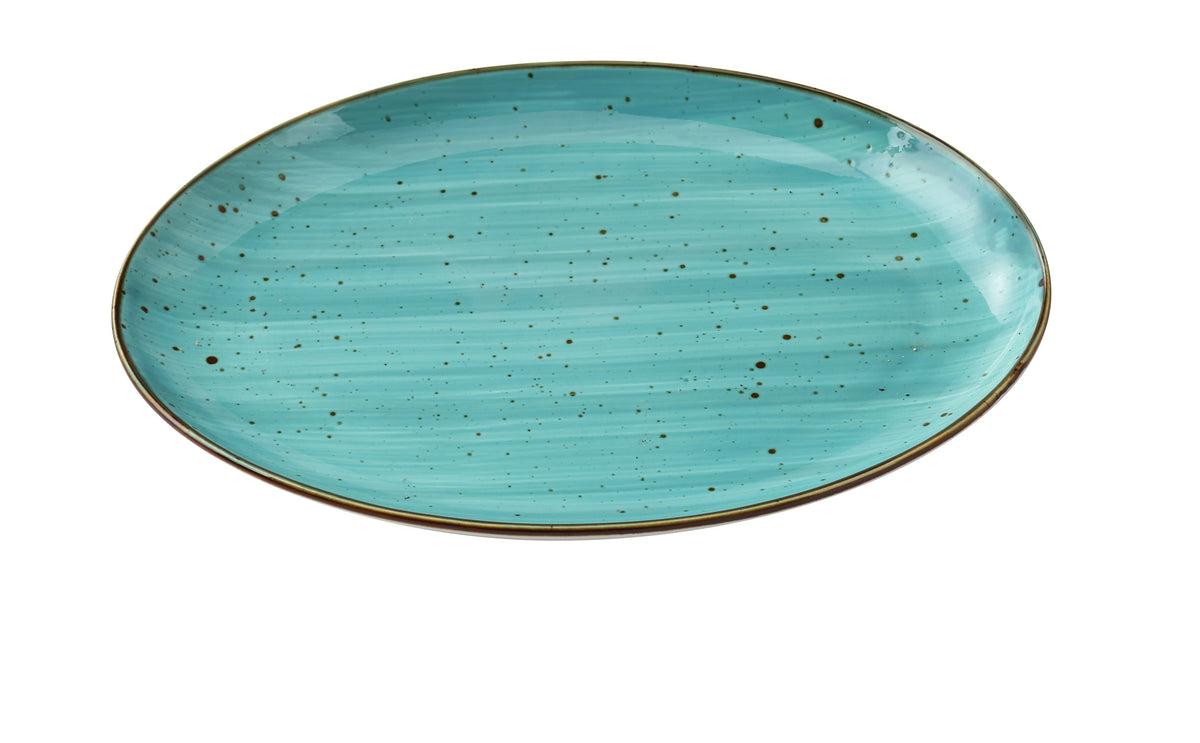 Yanco LY-2114TQ Coupe Rim Porcelain Platter 14"x10"x1-1/4" Turquoise Curved Edge Safe - Case of 12