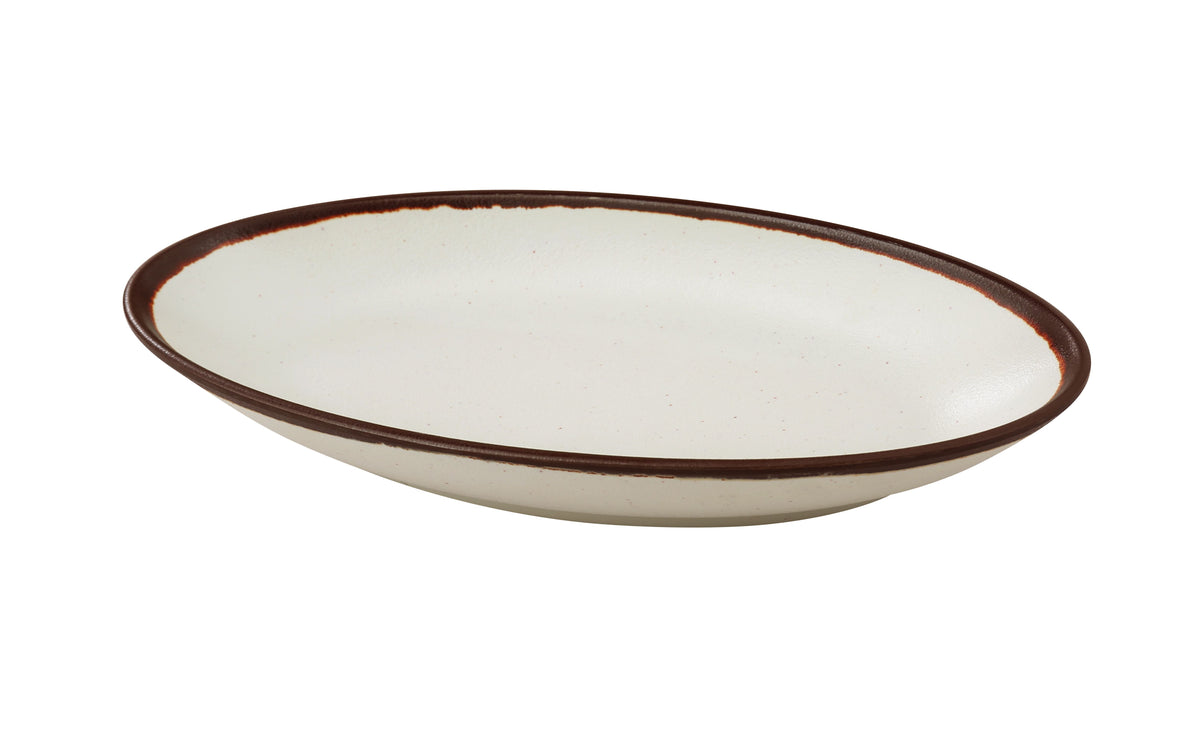 Yanco NA-312 Deep Oval Plate, 12-1/2" D x 6-1/4" W x 2" H, White/Brown Melamine, Dishwasher Safe - Case of 12