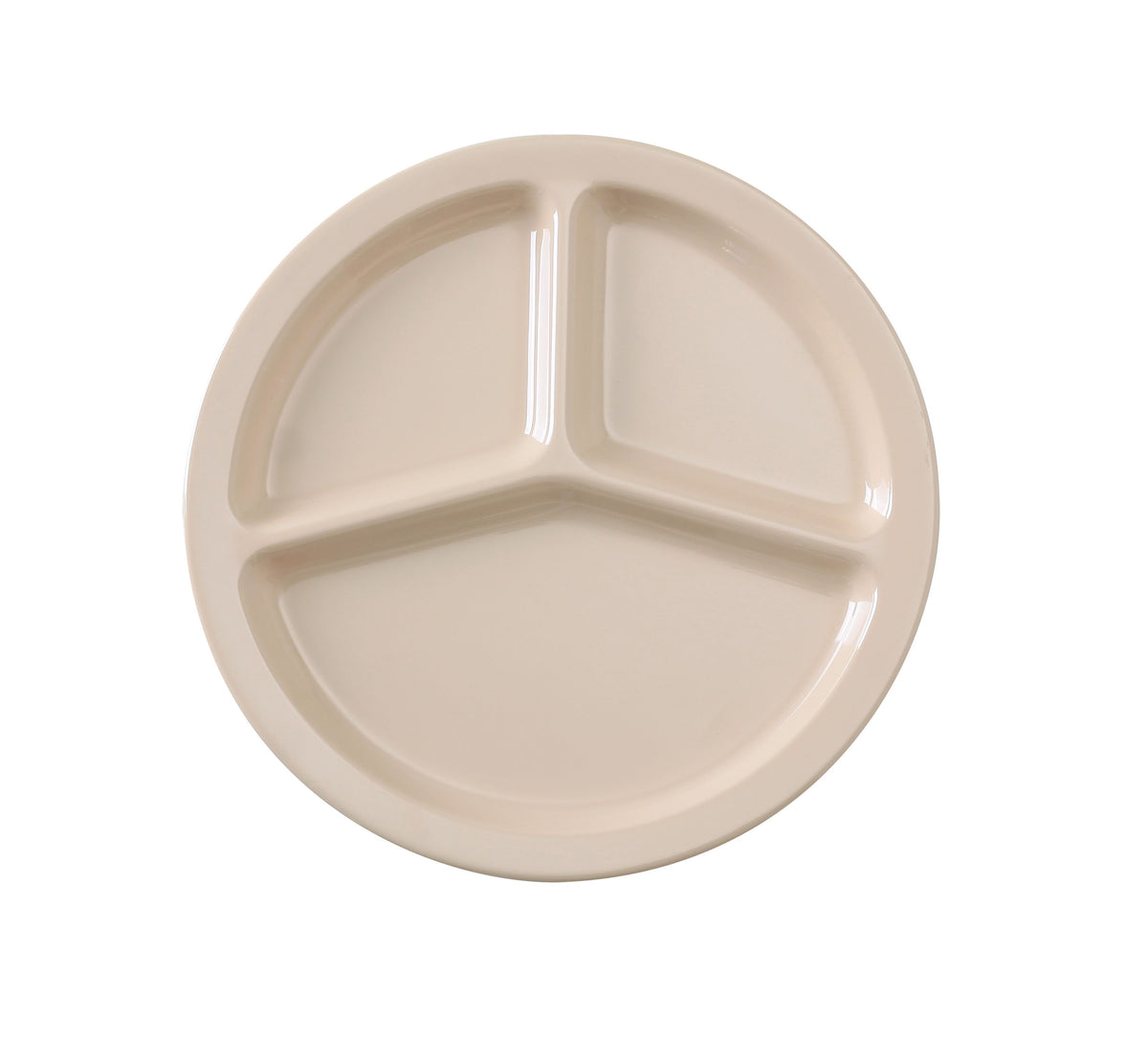 Yanco NS-702T 10" Tan Melamine 3-Compartment Round Plate, Dishwasher Safe, NSF - Case of 24