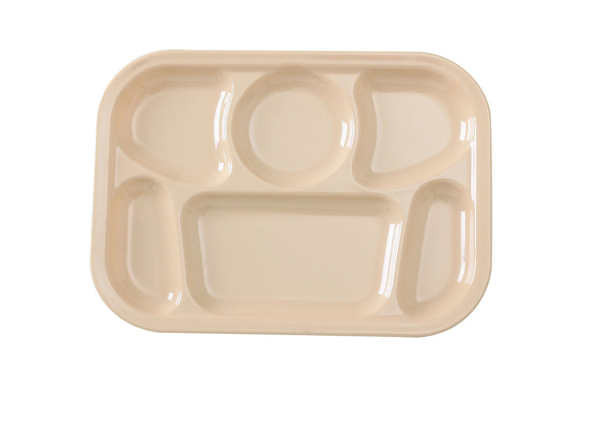 Yanco NS-803T - 13" X 9-1/2" Tan Melamine 6-Compartment Platter, Dishwasher Safe, NSF - Case of 12