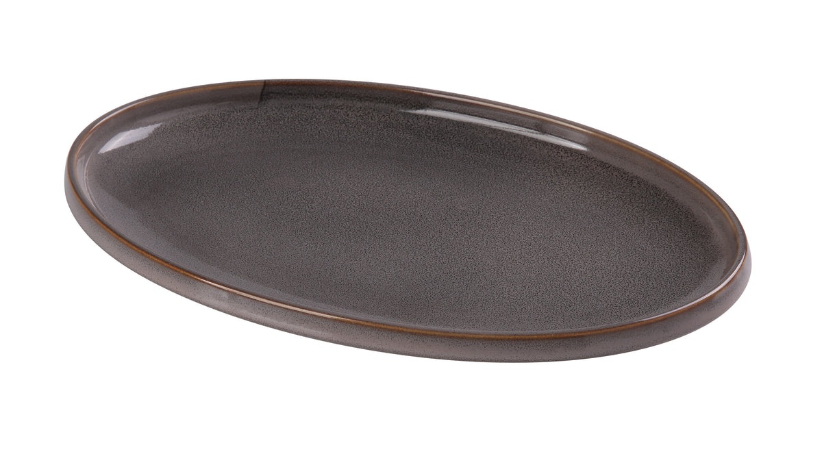 Yanco PK-314 - Oval Porcelain Plate, Grey, Rolled Edge, 14" X 9" X 1-1/2" Microwave Safe - Case of 12
