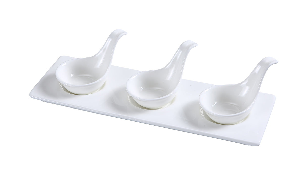 Yanco PS-721 Tasting Spoon Set - 3 2" 2oz Porcelain Spoons, 10-1/2" x 3-1/2" White Tray, Set - Case of 12 sets