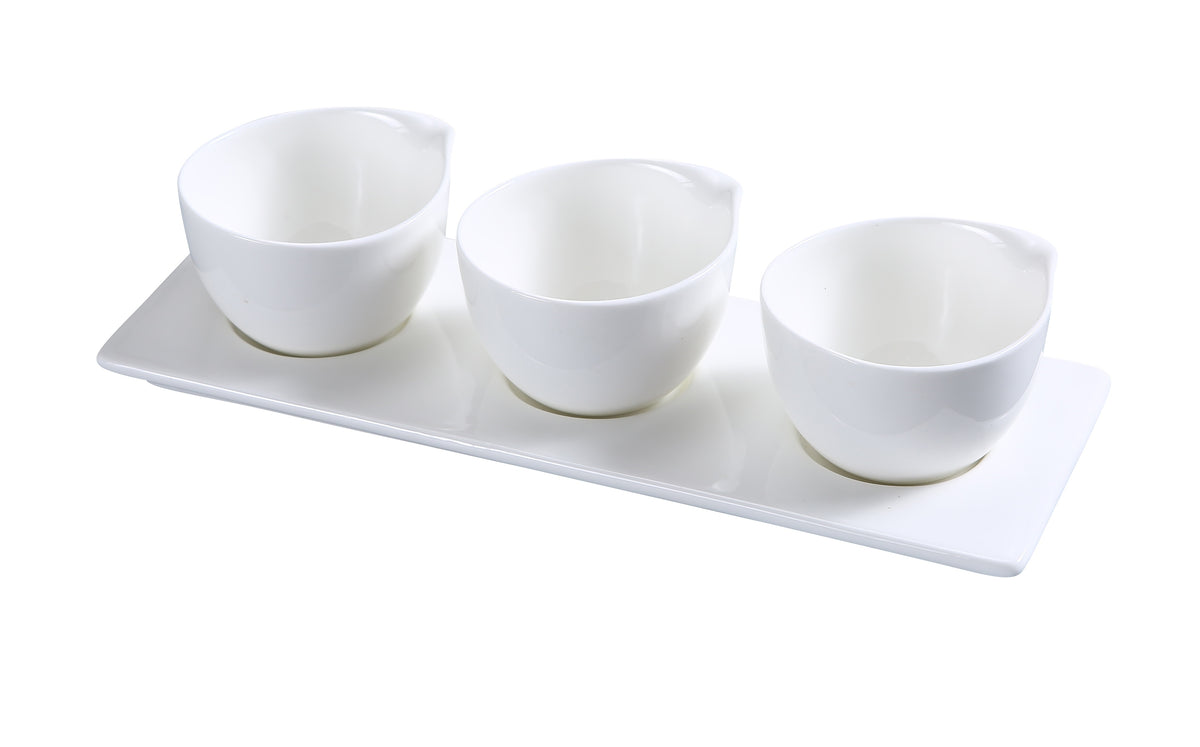 Yanco PS-722 Tasting Spoon Set - 3 3" 4oz Porcelain Cups, 10-1/2"x3-1/2" Tray, White - Case of 12 sets
