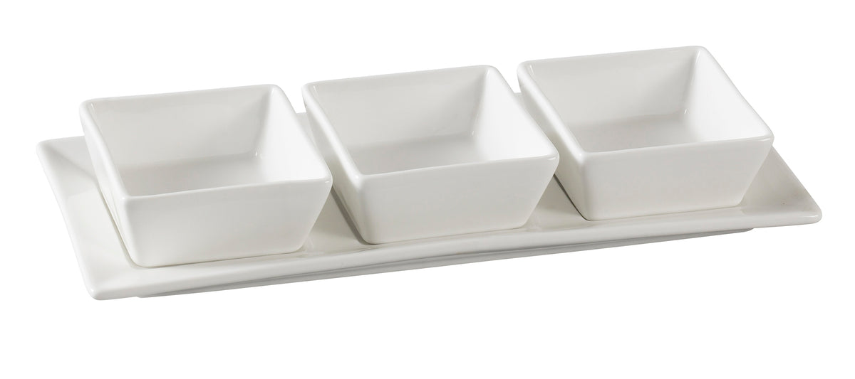 Yanco PS-724 - Set, 3" 3 oz. White Porcelain Bowls + 11" x 4-1/4" Tray, White, Dishwasher Safe - Case of 12 sets