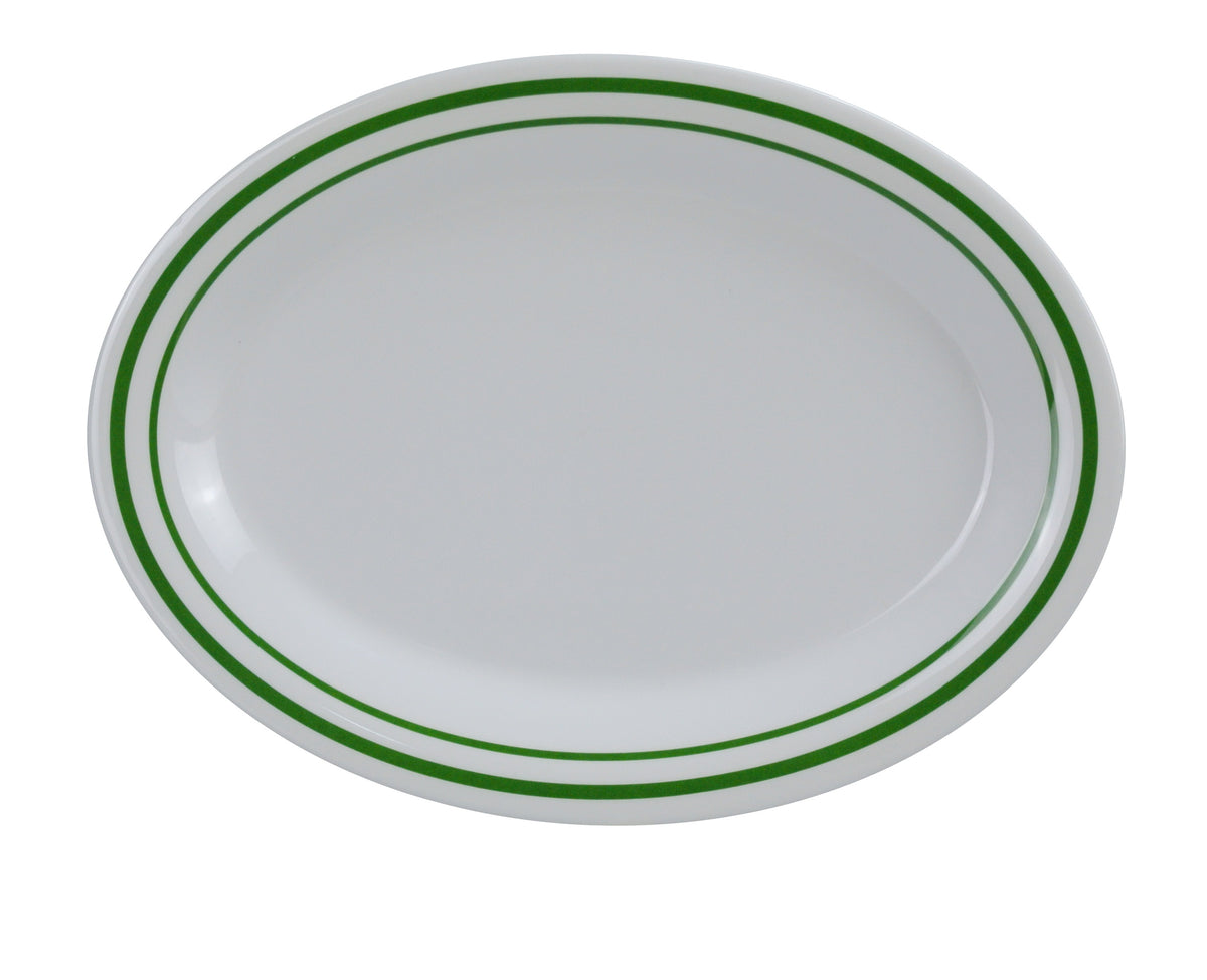Yanco PT-216 Oval Platter, 16" x 12" Melamine Beige with Green Band, NSF - Case of 12